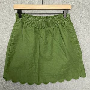 J Crew Scallop Mini Skirt Womens Size 8 Green Elastic Waist Canvas Boho Lined